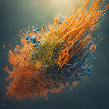 3d render of abstract background with orange and blue fluid cells.の素材