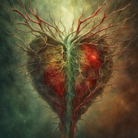 Digital illustration of a human heart with veins and arteries  in colour backgroundの素材