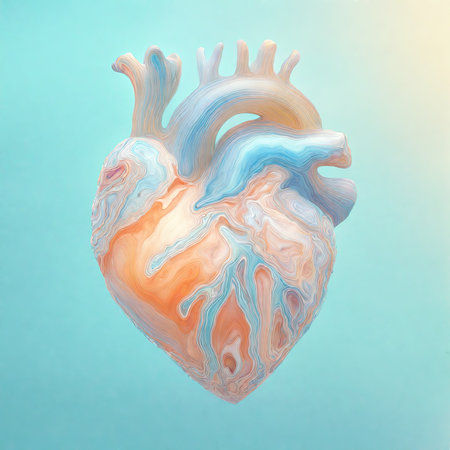 Digital illustration of a human heart in pastel blue and orange colorsの素材