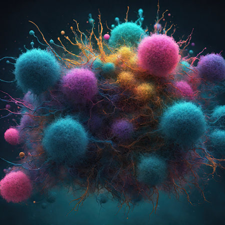 3d illustration of abstract colorful background with balls and particles in spaceの素材