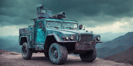 Old rusty off-road vehicle in the mountains. 3d renderingの素材