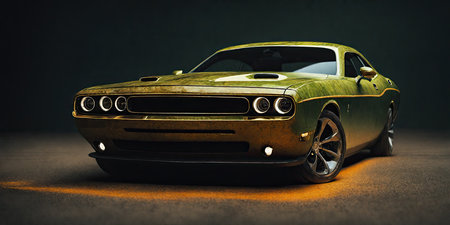 3d rendering of a green vintage car on a dark background.の素材