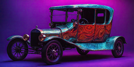 Vintage car on purple background. Retro car in neon light.の素材