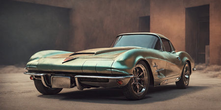 3d rendering of an old american car in an abandoned factoryの素材