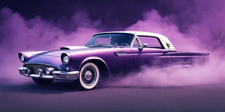 Vintage car with smoke on a purple background. 3d renderingの素材