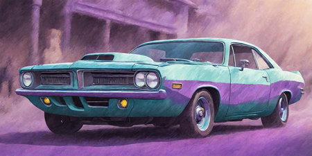 Vintage american car in the city. 3D illustration.の素材