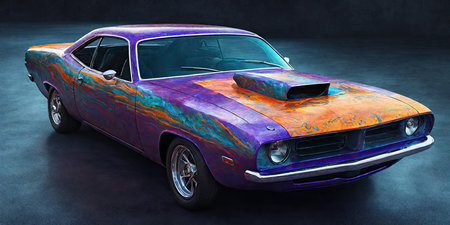 Vintage car in the studio on a dark background. 3d renderingの素材