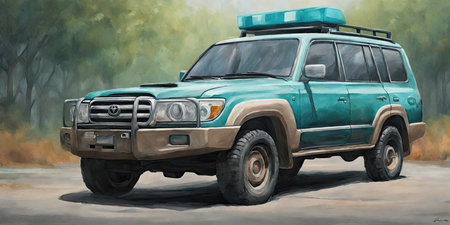 3D rendering of a brand-less generic SUV in the countrysideの素材