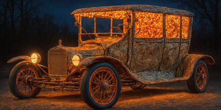 Vintage car with glowing garland in the forest at night.の素材