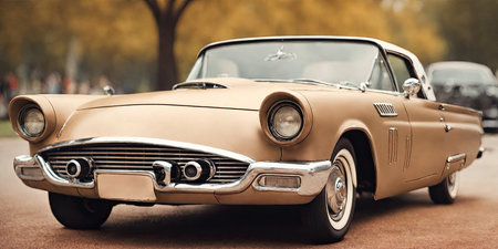 Vintage american car on the road. Close-up.の素材