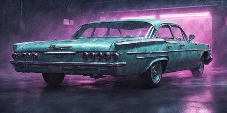 Vintage american car in neon light. 3D rendering.の素材