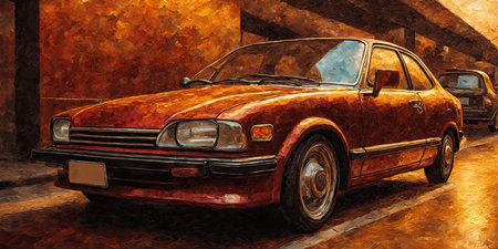 Vintage car in the garage. Oil painting on canvas. Retro car.の素材
