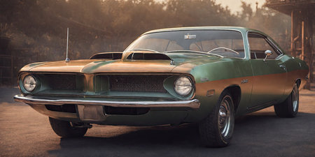 Vintage american car in the sunset light. Filtered image processed vintage effect.の素材
