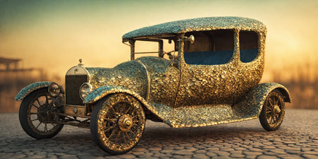 Antique car on the road at sunset. 3d rendering.の素材