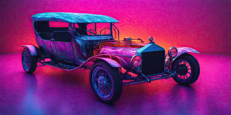 Vintage car in retro style on a purple background. 3d renderingの素材