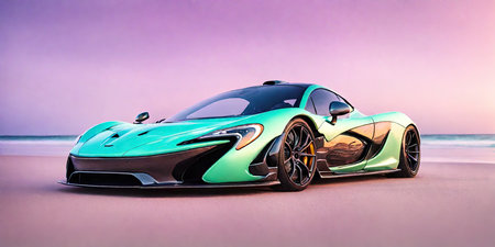 3D rendering of a brand-less generic concept car in the beachの素材