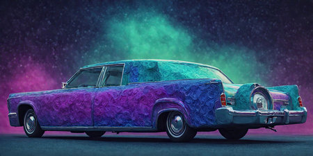 Retro car in the night sky. 3d rendering. Vintage car.の素材