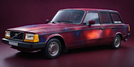 Vintage car isolated on a dark red background. 3d renderの素材