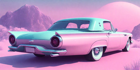 Retro car in the desert on a pink background. 3d renderの素材