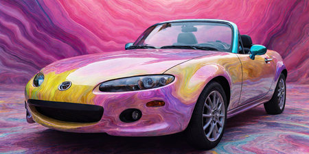 3D rendering of a pink vintage car on a colorful abstract backgroundの素材