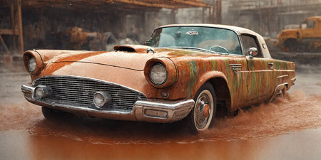 Abandoned old car driving through a flood in the city.の素材