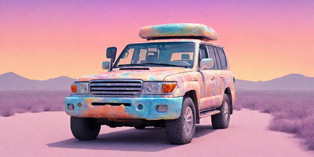 3D rendering of an old pickup truck in the desert at sunsetの素材