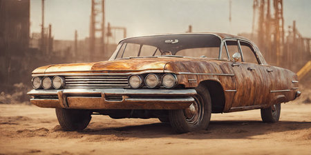 Old rusty car in the desert. Retro style toned image.の素材