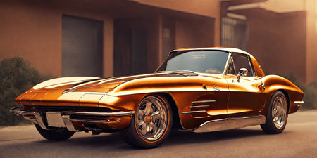 Retro american car in the city. 3D render.の素材