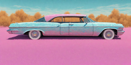 3D rendering of an old american car on a pink backgroundの素材
