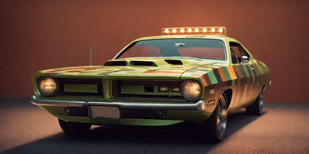 Vintage american car on brown background. 3d illustration.の素材