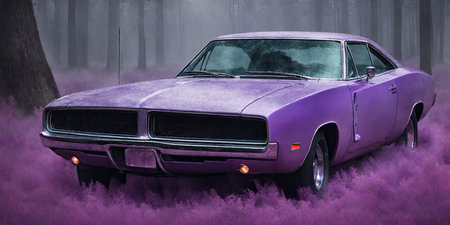 Vintage purple car in a foggy forest. 3d renderingの素材