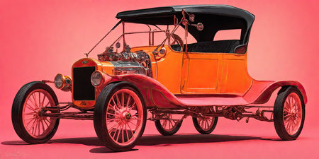 19th century retro car on a red background, studio shot.の素材