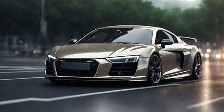 3D rendering of a brand-less generic concept car in the cityの素材