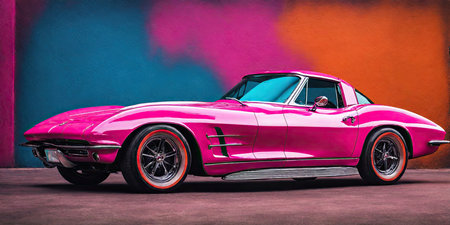 Purple old american muscle car on the colorful wall background.の素材