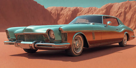 3D rendering of a classic american car in the desert.の素材
