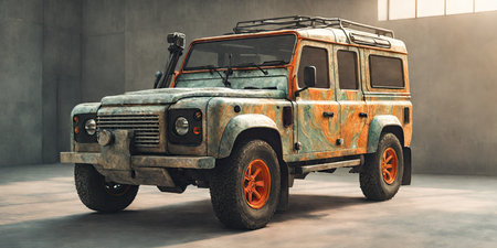 Old rusty off-road vehicle in a garage. 3d renderingの素材