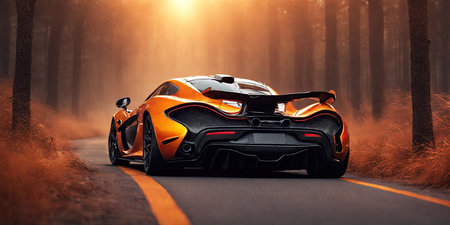 Futuristic orange sports car in the forest. 3d renderingの素材