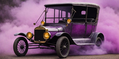 Vintage car with smoke on the road. Photo in old color image style.の素材