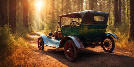 Vintage car on the road in the forest at sunset. 3d renderingの素材