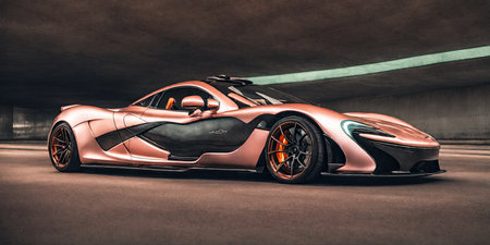 3D rendering of a brand-less generic concept car in a garageの素材