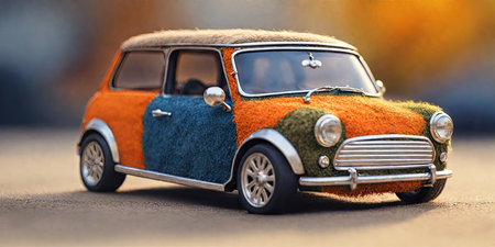 Retro car model on the road. Retro car toy. Vintage car.の素材