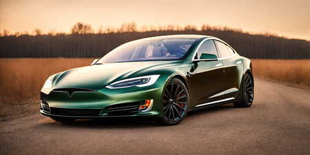3D rendering of a brand-less generic concept car in the countrysideの素材