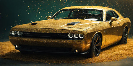 Gold luxury sports car in dust. 3d rendering. Copy space.の素材