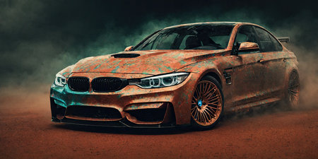 car on the road in the smoke. 3d rendering and illustrationの素材