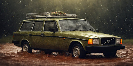 Old car in the mud on a rainy day. 3d renderingの素材