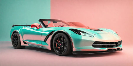 Turquoise sports car cabriolet on a pink-blue backgroundの素材