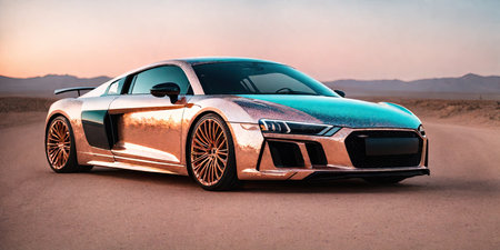 Luxury sports car in the desert. 3d rendering.の素材