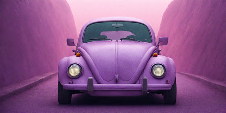 Vintage purple car on the road. 3d render illustration.の素材