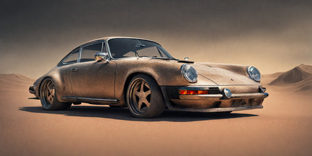 Vintage car in the desert. 3d rendering. Computer digital drawing.の素材