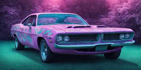 Purple vintage car on the road in the forest. 3d renderingの素材